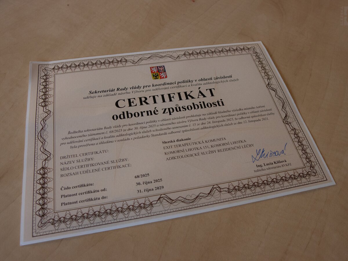 Terapeutická komunita EXIT získala certifikaci odborné způsobilosti na 4 roky!