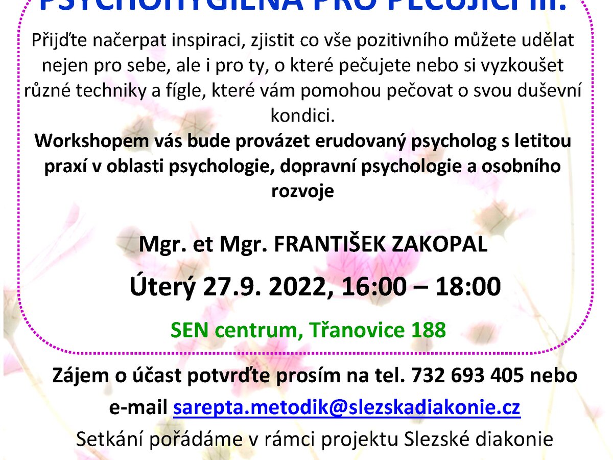 Pozvánka na workshop s názvem Psychohygiena pro pečující III.